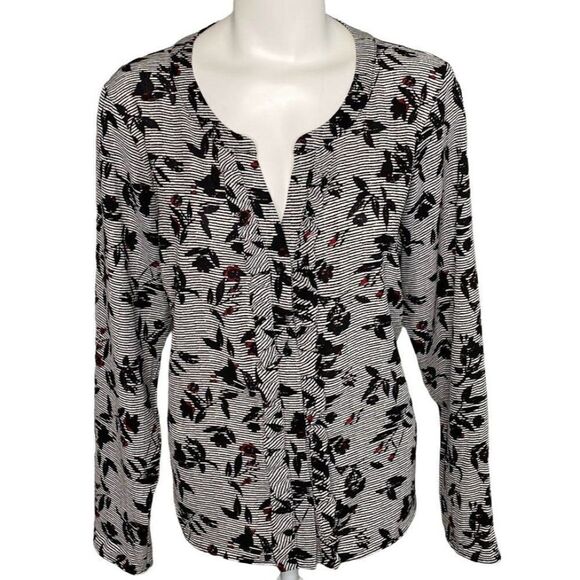 Candie's Blouse Top Women's XL Black White Red Button-Front Split-Neck Floral - Picture 1 of 12